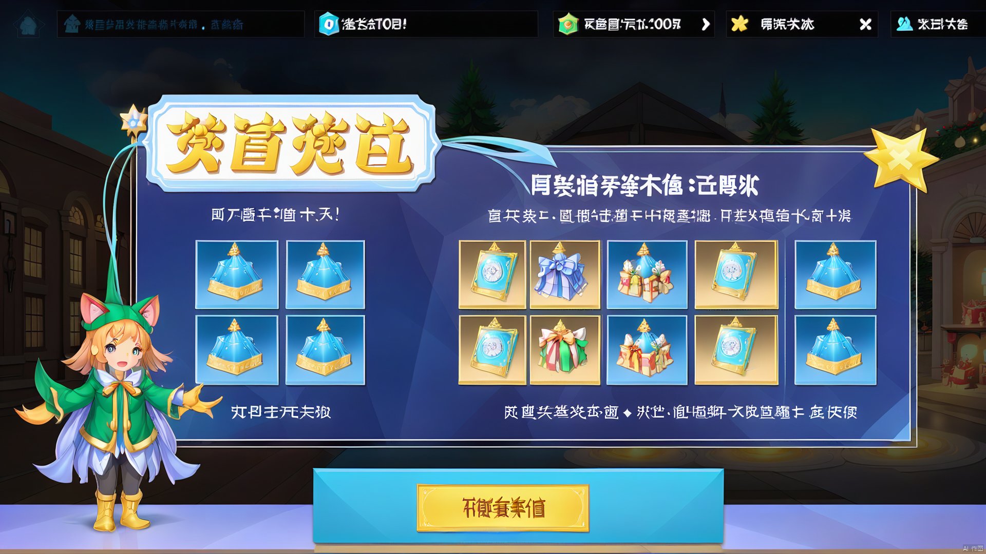 The center pop-up frame is designed to look like a holiday card and is decorated with ribbons and bells around the edges. The pop-up box displays the current holiday tasks and reward list. On the left side are completed tasks and holiday props obtained, while on the right side are tasks to be completed and reward tips. There is a "Receive Reward" button below. After clicking, the pop-up box will play a holiday animation.