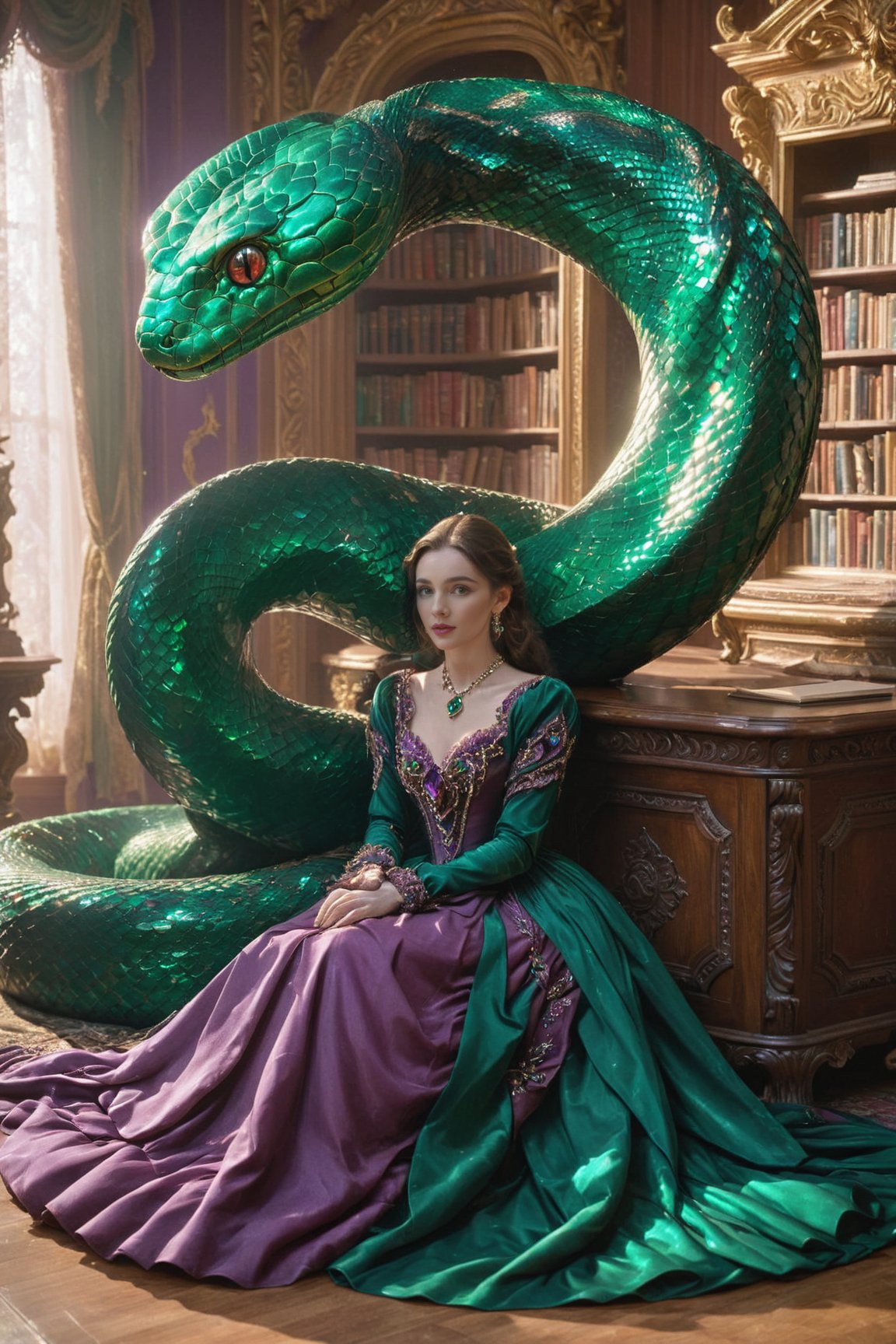 A woman adorned in a violet gown, seated in a Victorian-era study with dark wood furniture and bookshelves. She is accompanied by a large, emerald green, serpentine creature with intricate scales and jewel-like adornments. The study is illuminated by a crackling fireplace, casting a cozy glow, and there are ornate drapes in the background. The woman's expression is calm and contemplative, and the creature seems to be gently resting against her.