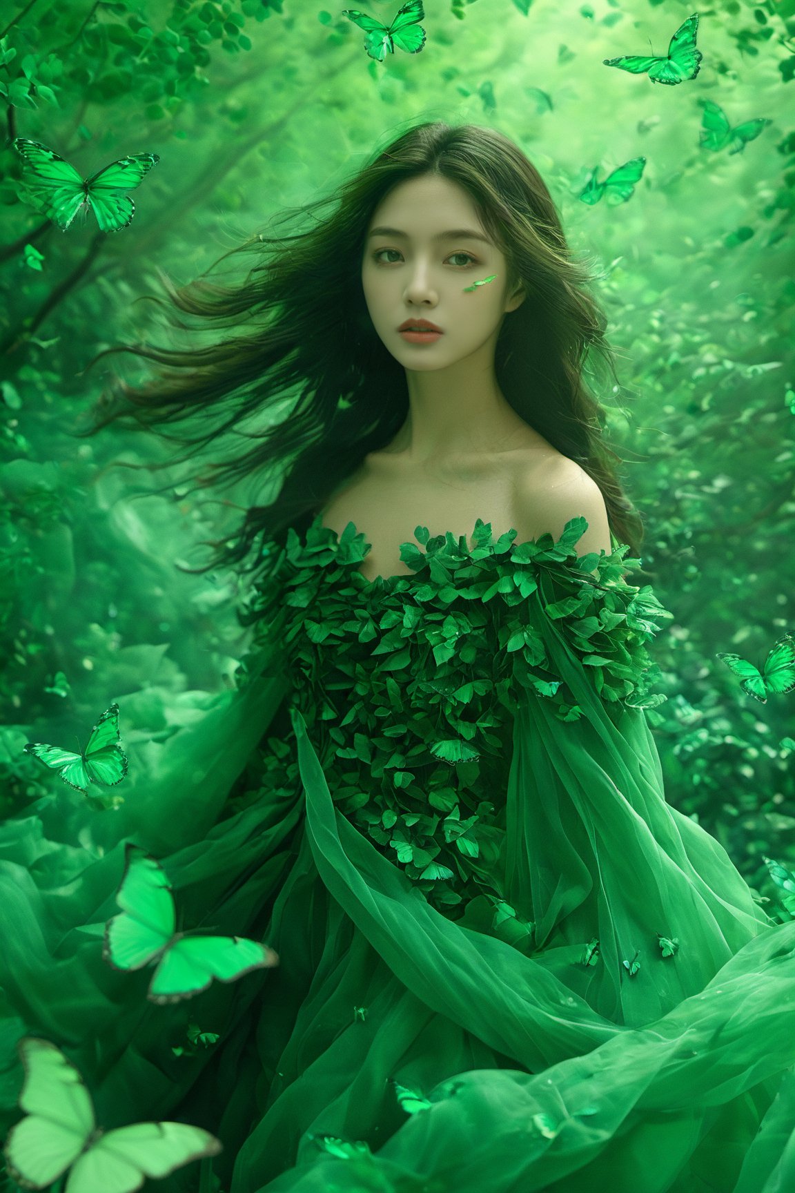 A woman surrounded by a myriad of jade green butterflies. She wears a gown made of jade green leaves, which flows gracefully around her. The backdrop is a jade green-hued environment, possibly signifying a jade forest or a magical realm. The woman's long, wavy hair flows freely, complementing the ethereal ambiance of the scene.