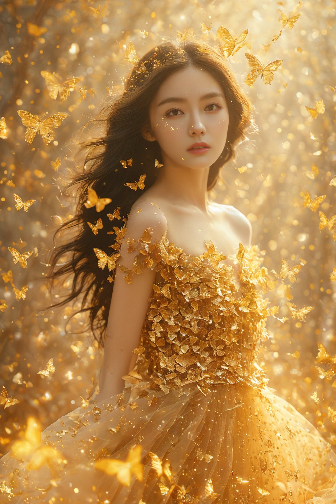 A young woman surrounded by a myriad of butterflies. She has long, flowing dark hair and is adorned with intricate, shimmering butterfly embellishments on her dress. The backdrop is filled with a bokeh effect, with golden light particles scattered throughout, giving the image a dreamy and ethereal ambiance.