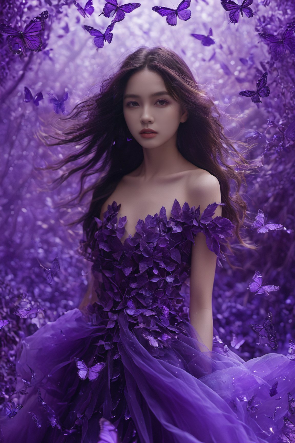 A woman surrounded by a myriad of amethyst purple butterflies. She wears a gown made of amethyst purple leaves, which flows gracefully around her. The backdrop is an amethyst purple-hued environment, possibly signifying an amethyst forest or a magical realm. The woman's long, wavy hair flows freely, complementing the ethereal ambiance of the scene.