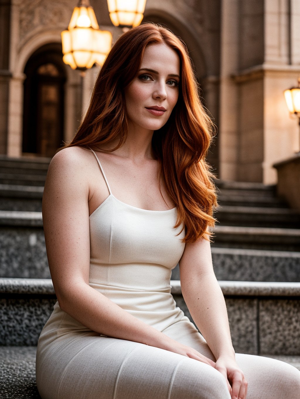 soft Lighting Photography, portrait, 1girl, solo, ginger hair, straight hair, long strap dress, white dress, highly detailed, natural lighting, sitting on step, at City hall, outdoors, (smile:0.4). Detailed skin face and eyes, makeup, relaxing 