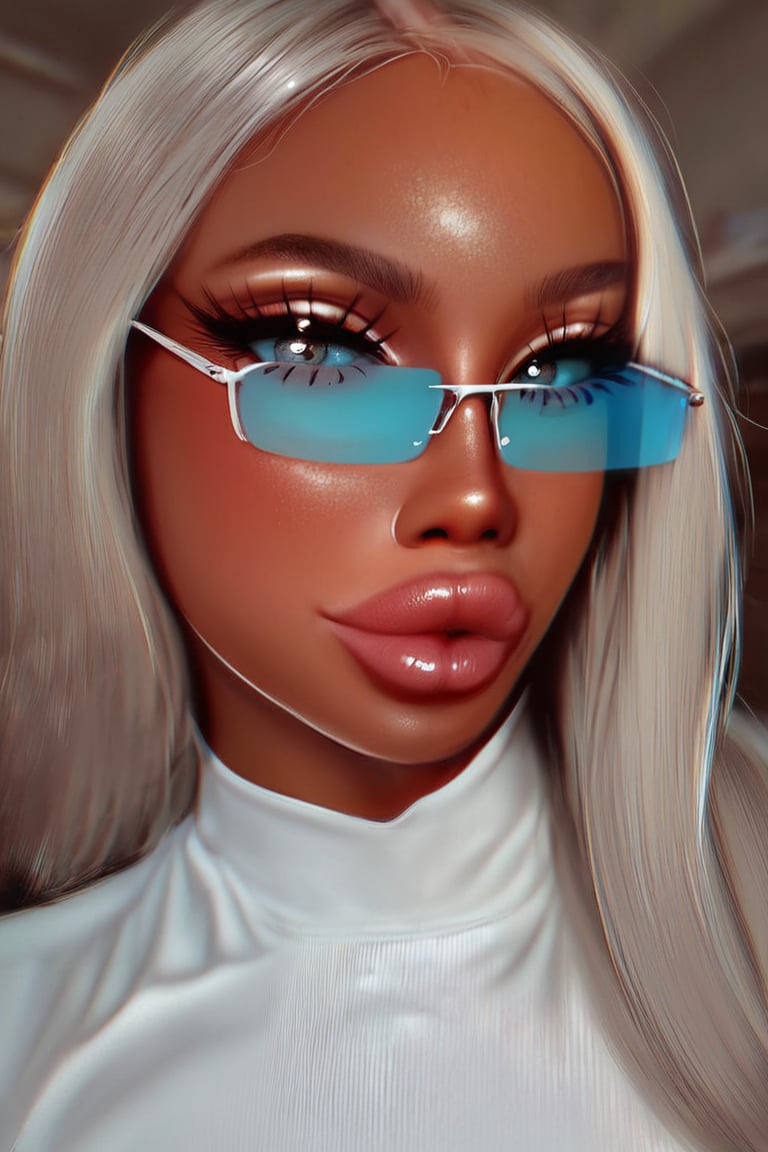 score_9 , 1girl, solo, blue tinted glasses, dark skinned, thick lips, flat chest, corporate shirt, looking at viewer, upclose , tag1 ,  Vu33