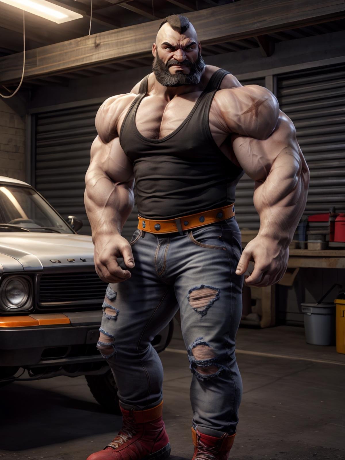 upper body, ultra realistic, unreal engine 5, anatomically correct, mature male, zangief, thick eyebrows, black mohawk, brown eyes, raised eyebrow, beard, muscular, bara, scar, tank top, jeans, smirk, garage,  <lora:Add More Details:0.8><lora:ZangiefSF5B2:1>