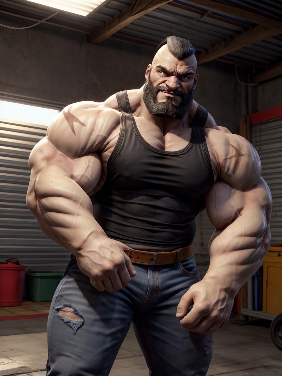 upper body, ultra realistic, unreal engine 5, anatomically correct, mature male, zangief, thick eyebrows, black mohawk, brown eyes, raised eyebrow, beard, muscular, bara, scar, tank top, jeans, smirk, garage,  <lora:Add More Details:0.8><lora:ZangiefSF5B2:1>