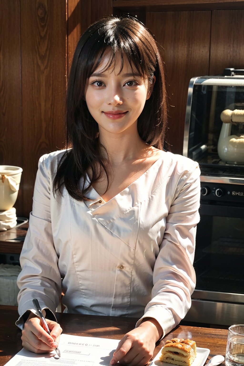 1girl, beautiful, black hair, long hair, smiling, coffee shop, sitting, (20yo:1.3), detailed eyes, light blush, white dress, (flowers in hair:1.1), looking at viewer, counter, espresso machine, cups, pastries, warm lighting, cosy atmosphere, beautifully detailed background, realistic, ambient light, (cinematic composition:1.3), HDR, Accent Lighting, wide-angle lens, best quality, masterpiece.