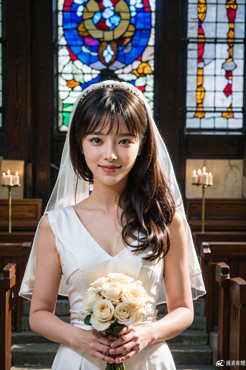 1girl, wedding scene, beautiful, black hair, long hair, (bride:1.2), white wedding dress, veil, holding bouquet, (smile:1.1), sparkling eyes, surrounded by guests, church interior, stained glass windows, flower decorations, candlelight, warm atmosphere, detailed background, depth of field, realistic, ambient light, (cinematic composition:1.3), high definition, best quality, masterpiece.