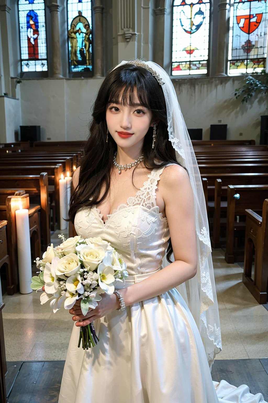 1girl, wedding scene, beautiful, black hair, long hair, (bride:1.2), white wedding dress, veil, holding bouquet, (smile:1.1), sparkling eyes, surrounded by guests, church interior, stained glass windows, flower decorations, candlelight, warm atmosphere, detailed background, depth of field, realistic, ambient light, (cinematic composition:1.3), high definition, best quality, masterpiece.