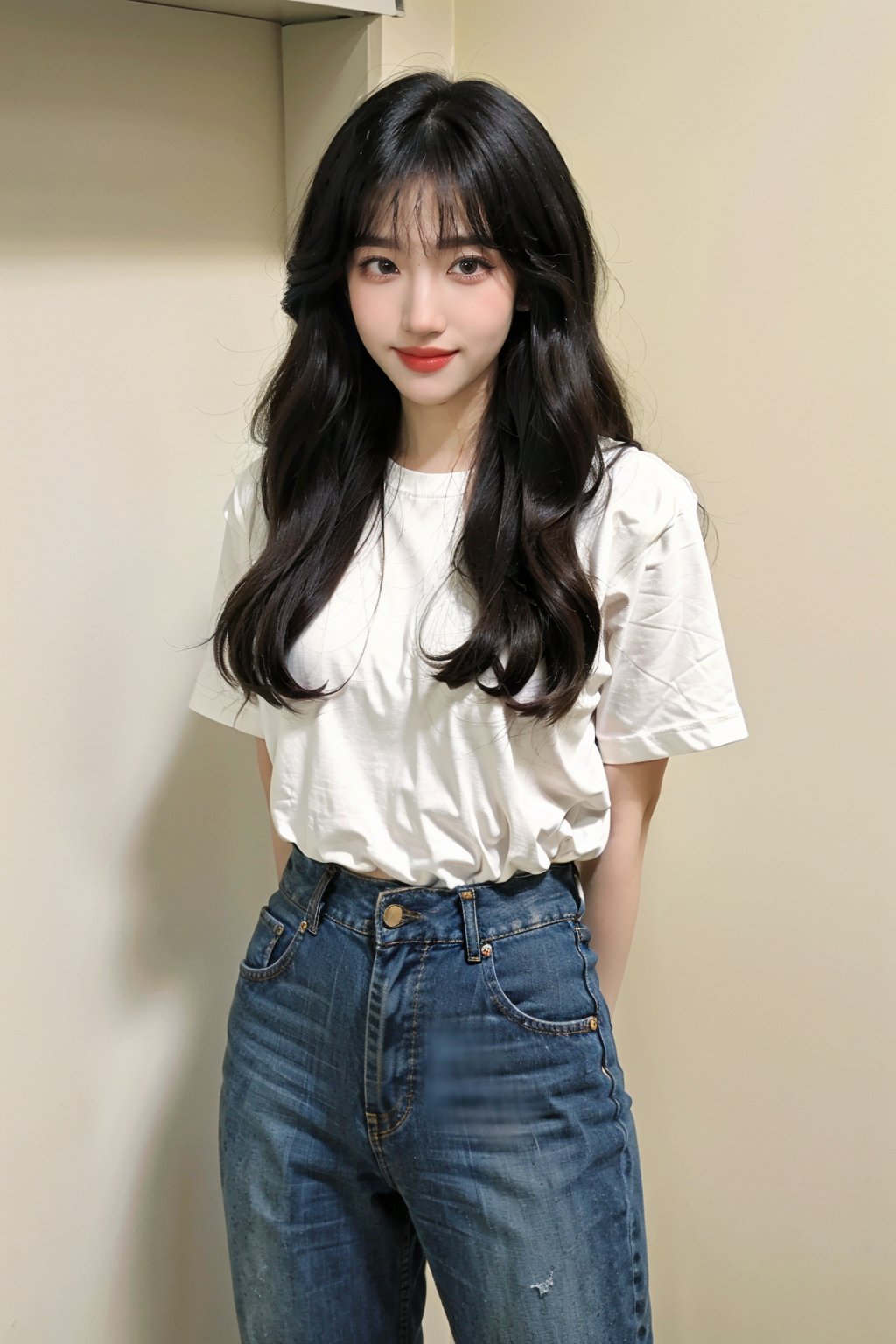 best quality,masterpiece,ultra high res,looking at viewer,simple background, 1girl, solo, looking_at_viewer, black hair,realistic,(standing),slim,(smile)(,hands_behind_back),