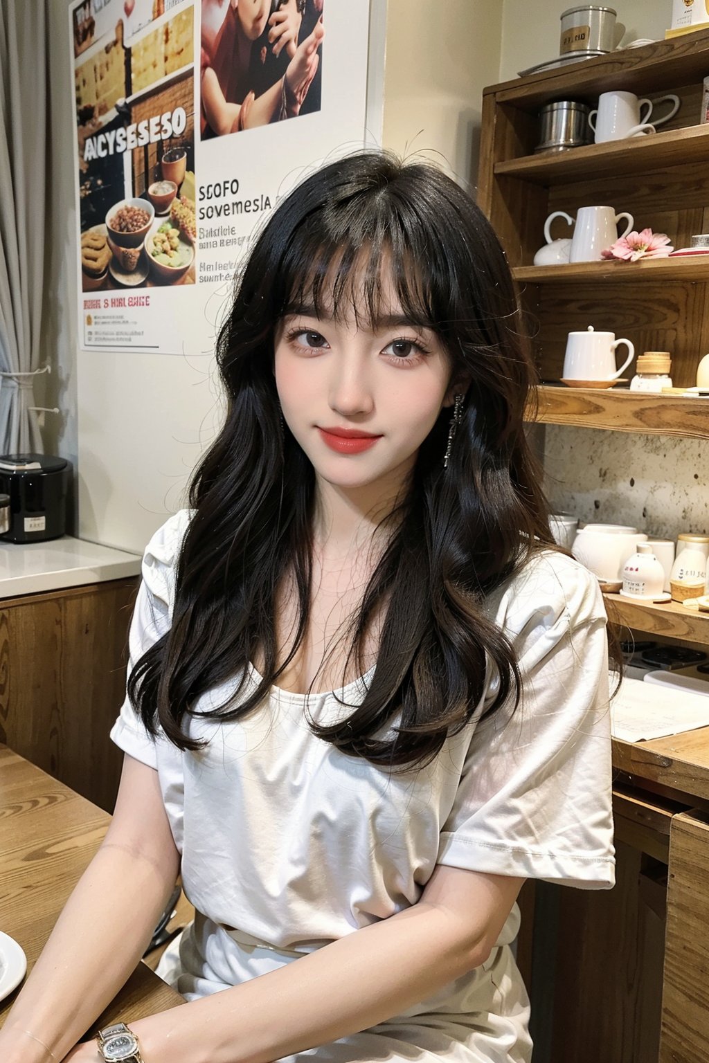 1girl, beautiful, black hair, long hair, smiling, coffee shop, sitting, (20yo:1.3), detailed eyes, light blush, white dress, (flowers in hair:1.1), looking at viewer, counter, espresso machine, cups, pastries, warm lighting, cosy atmosphere, beautifully detailed background, realistic, ambient light, (cinematic composition:1.3), HDR, Accent Lighting, wide-angle lens, best quality, masterpiece.