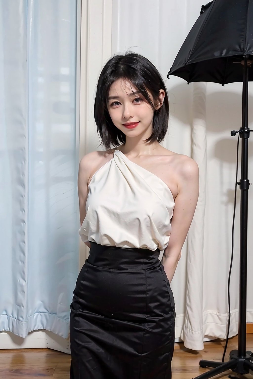 best quality,masterpiece,ultra high res,looking at viewer,simple background, 1girl, solo, looking_at_viewer, black hair,realistic,(standing),slim,(smile)(,hands_behind_back),