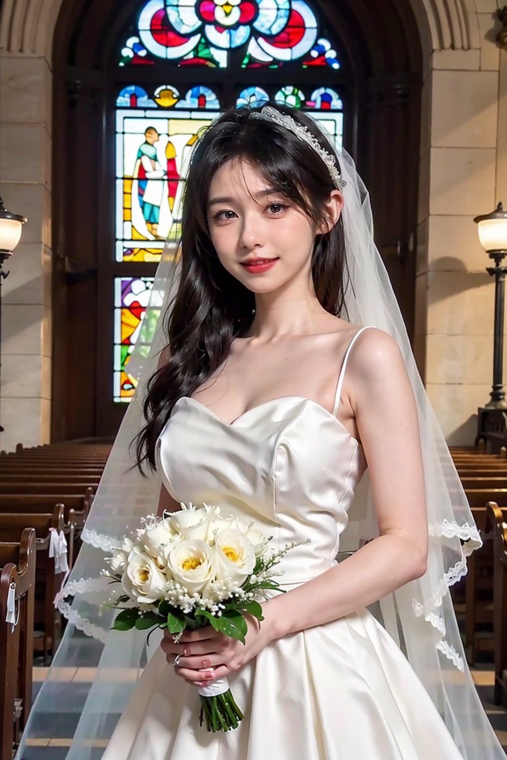 1girl, wedding scene, beautiful, black hair, long hair, (bride:1.2), white wedding dress, veil, holding bouquet, (smile:1.1), sparkling eyes, surrounded by guests, church interior, stained glass windows, flower decorations, candlelight, warm atmosphere, detailed background, depth of field, realistic, ambient light, (cinematic composition:1.3), high definition, best quality, masterpiece.