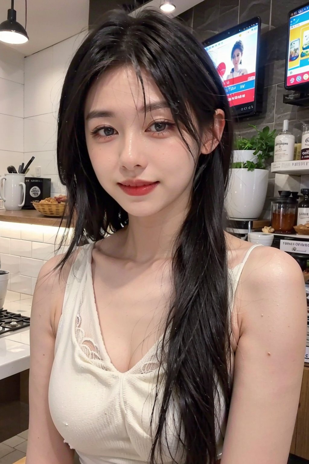 1girl, beautiful, black hair, long hair, smiling, coffee shop, sitting, (20yo:1.3), detailed eyes, light blush, white dress, (flowers in hair:1.1), looking at viewer, counter, espresso machine, cups, pastries, warm lighting, cosy atmosphere, beautifully detailed background, realistic, ambient light, (cinematic composition:1.3), HDR, Accent Lighting, wide-angle lens, best quality, masterpiece.