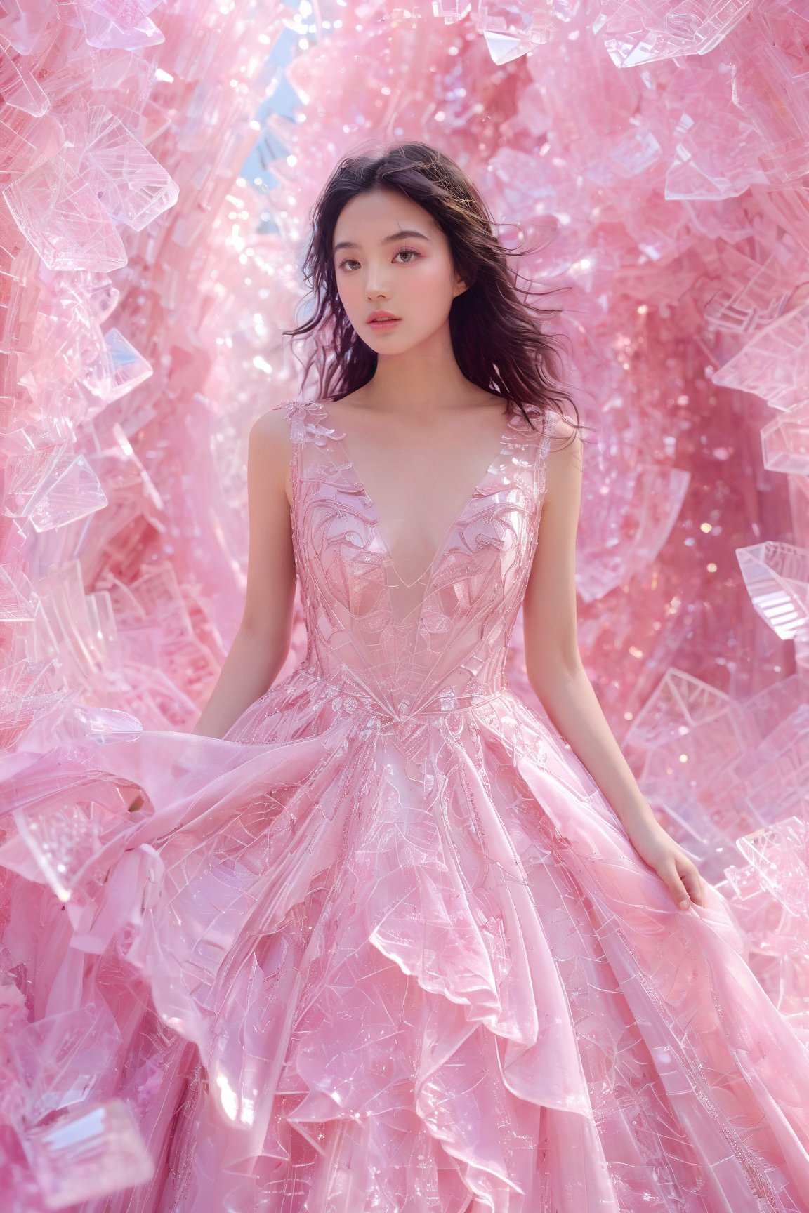 A young woman amidst a mesmerizing backdrop of shattered crystal-like structures. She wears a delicate pink gown adorned with intricate patterns and sequins. Her dark hair flows freely, and her gaze is intense and focused. The entire scene is bathed in a soft pink hue, creating an ethereal and dreamy ambiance.