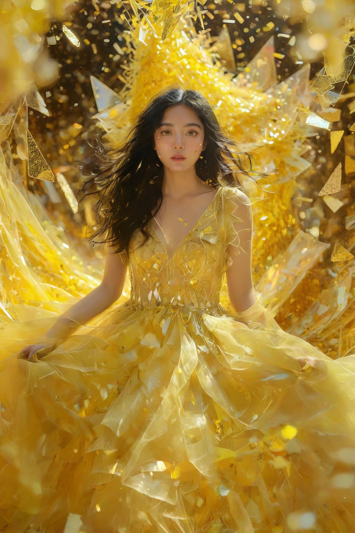 A young woman with long, flowing black hair amidst a vibrant backdrop of golden shards or confetti. She wears a translucent, yellow dress with intricate patterns, and her gaze is directed towards the viewer. The overall ambiance of the image is ethereal and dreamy, with the golden shards creating a dynamic and shimmering effect around her.