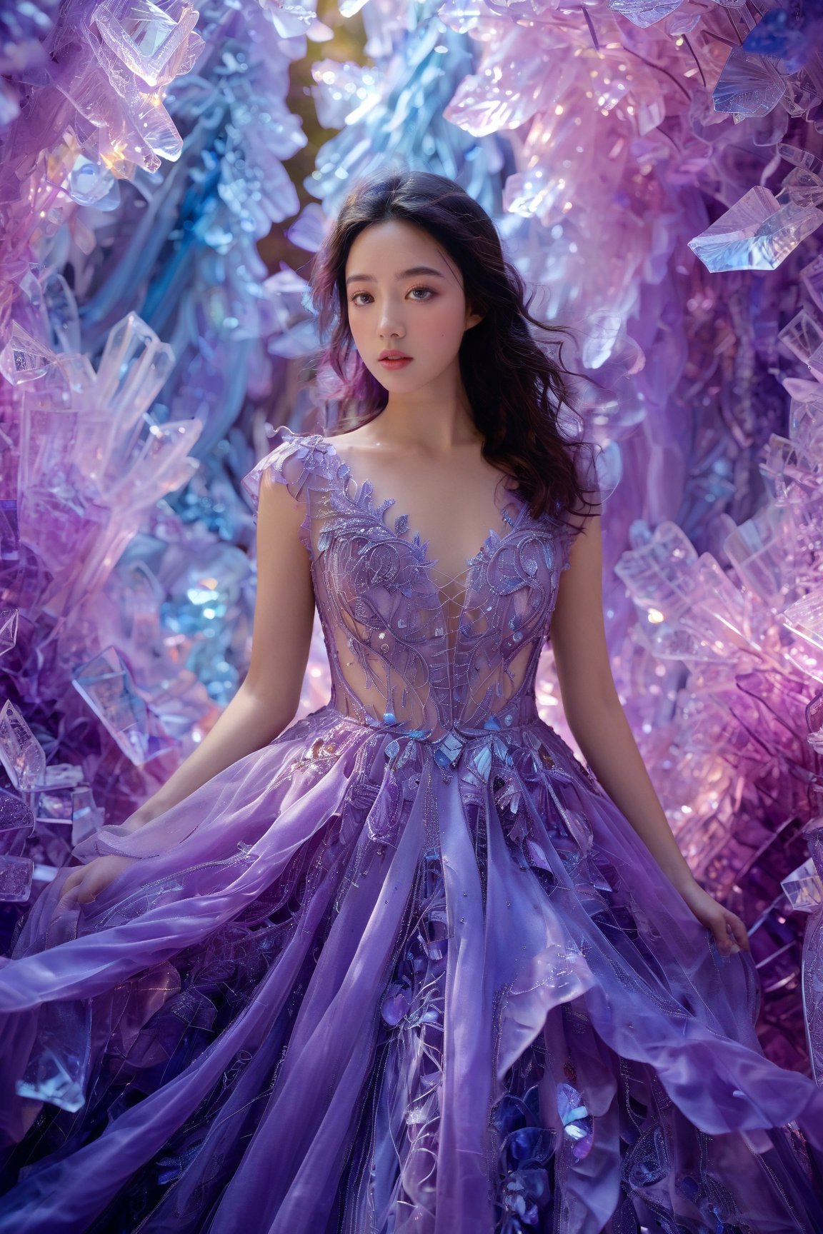 A young woman surrounded by vibrant, crystalline structures. She wears a flowing, purple gown adorned with intricate lace details. Her dark hair cascades down her shoulders, and her gaze is directed towards the viewer. The background is filled with shards of crystal, reflecting a myriad of colors, predominantly purples and blues. The overall ambiance of the image is ethereal and dreamy, with the crystals giving a sense of depth and dimension.,xxmixgirl