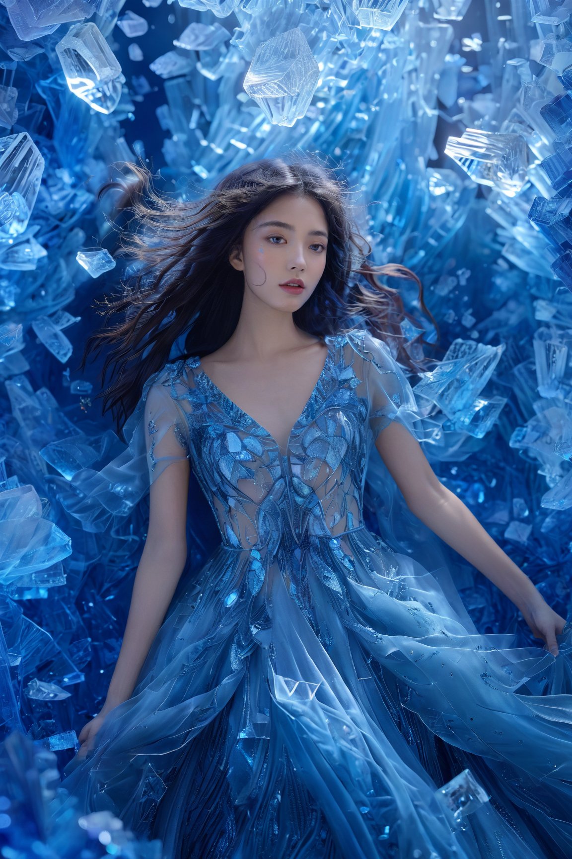 A woman surrounded by shattered blue crystals, floating amidst a vibrant blue backdrop. She wears a sparkling blue dress adorned with intricate patterns, and her long, wavy hair flows freely around her. The crystals appear to be suspended in mid-air, creating an ethereal and dreamy atmosphere.,xxmixgirl