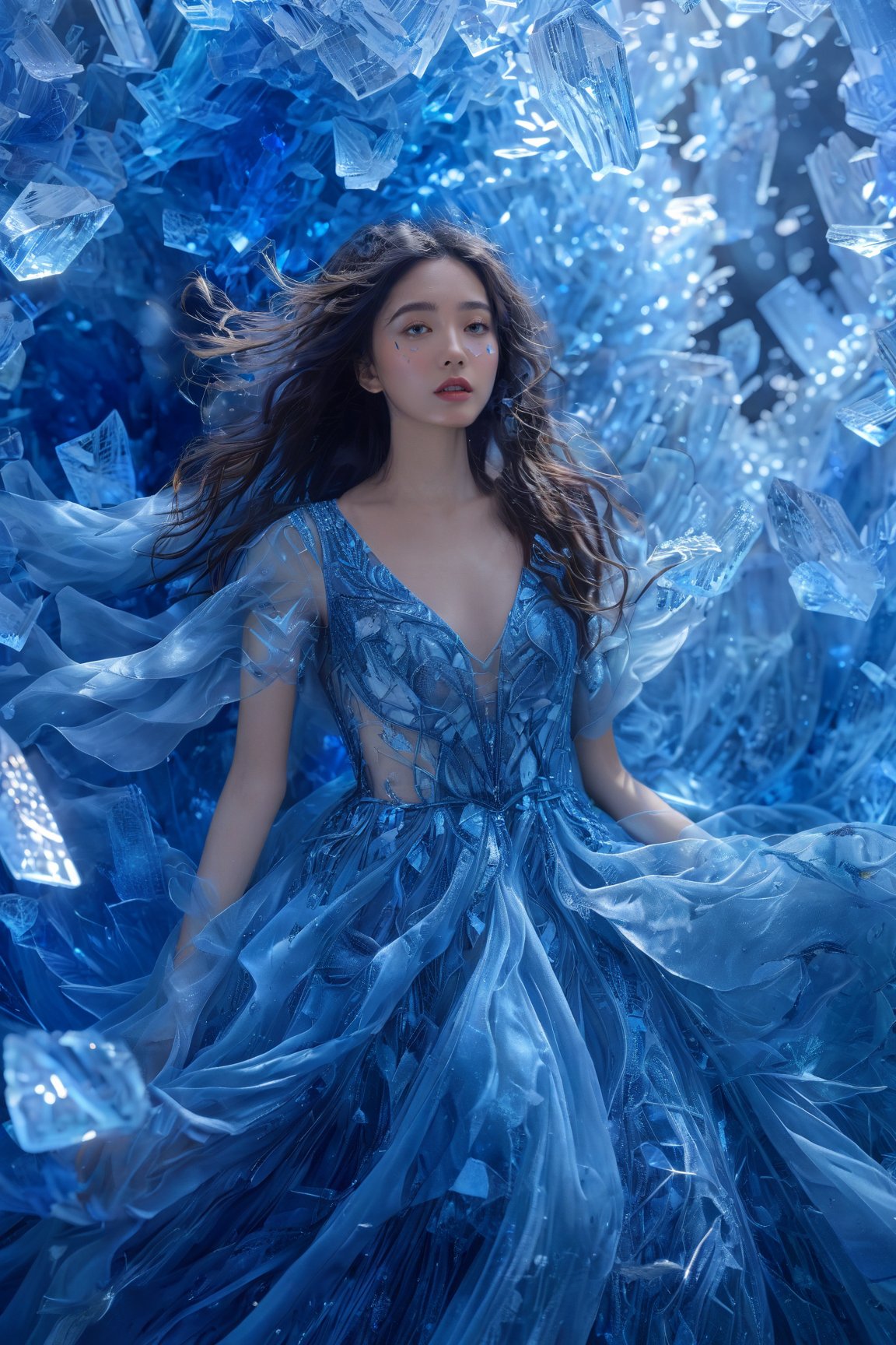 A woman surrounded by shattered blue crystals, floating amidst a vibrant blue backdrop. She wears a sparkling blue dress adorned with intricate patterns, and her long, wavy hair flows freely around her. The crystals appear to be suspended in mid-air, creating an ethereal and dreamy atmosphere.,xxmixgirl