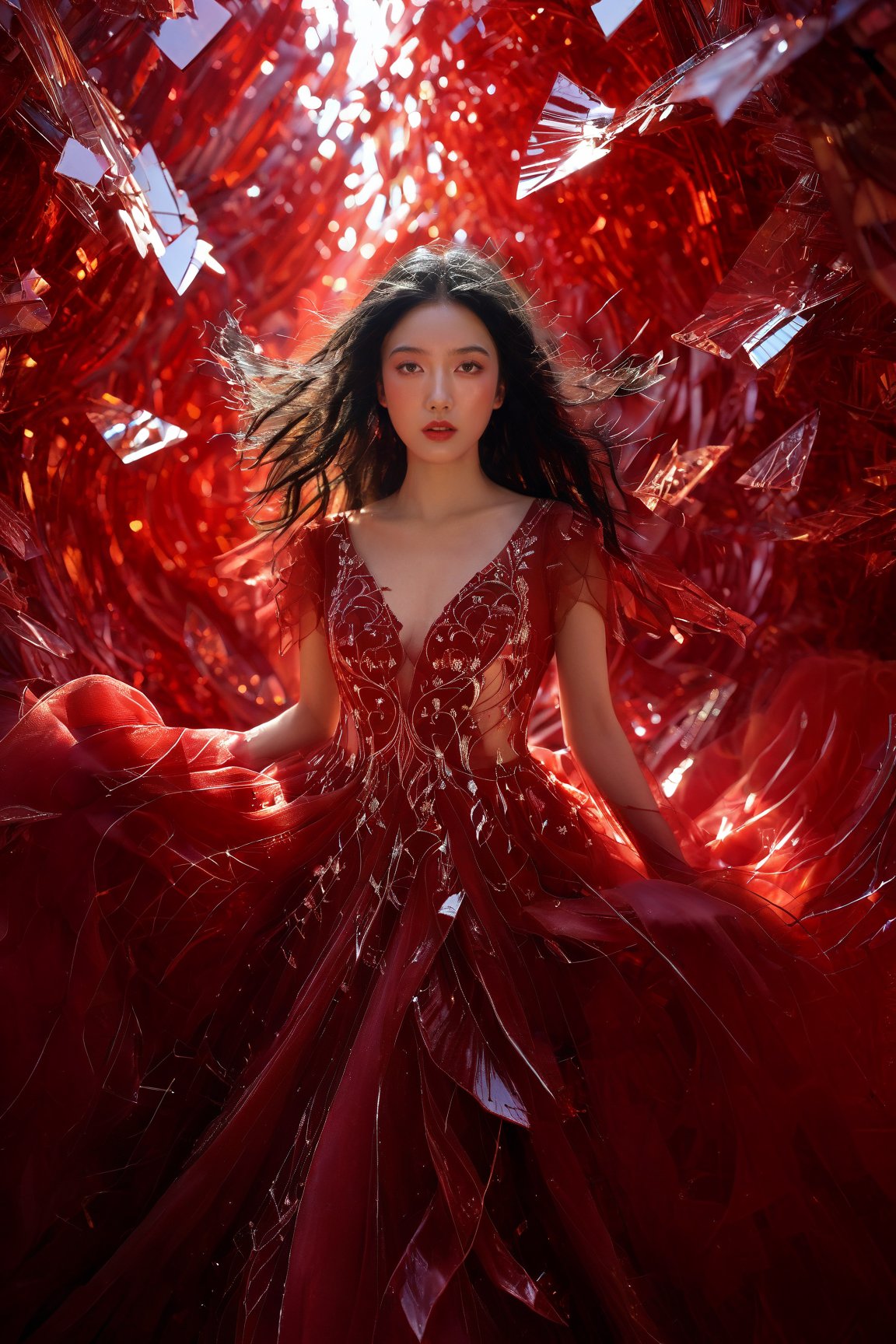 A young woman amidst a vibrant, shattered red backdrop. She wears a flowing red gown with intricate white patterns. Her long black hair is windswept, and she has a focused expression on her face. The scene is dynamic, with shards of red crystal-like structures surrounding her, some of which are suspended in mid-air. The overall ambiance is one of intensity and elegance.