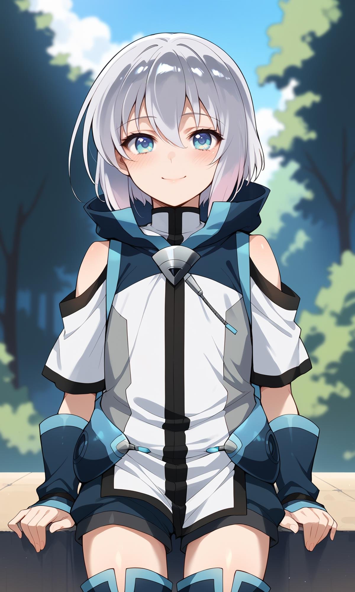 score_9, score_8_up, score_7_up, score_6_up, BREAKsolo, 1boy, otoko no ko, ernestiechevalier, blue eyes, blush, eyebrows visible through hair, hair between eyes, looking at viewer, smile, solo, shorts, thigh boots, looking at viewer, light smile, outdoors, <lora:ErnestiEchevalier_Pony:1>