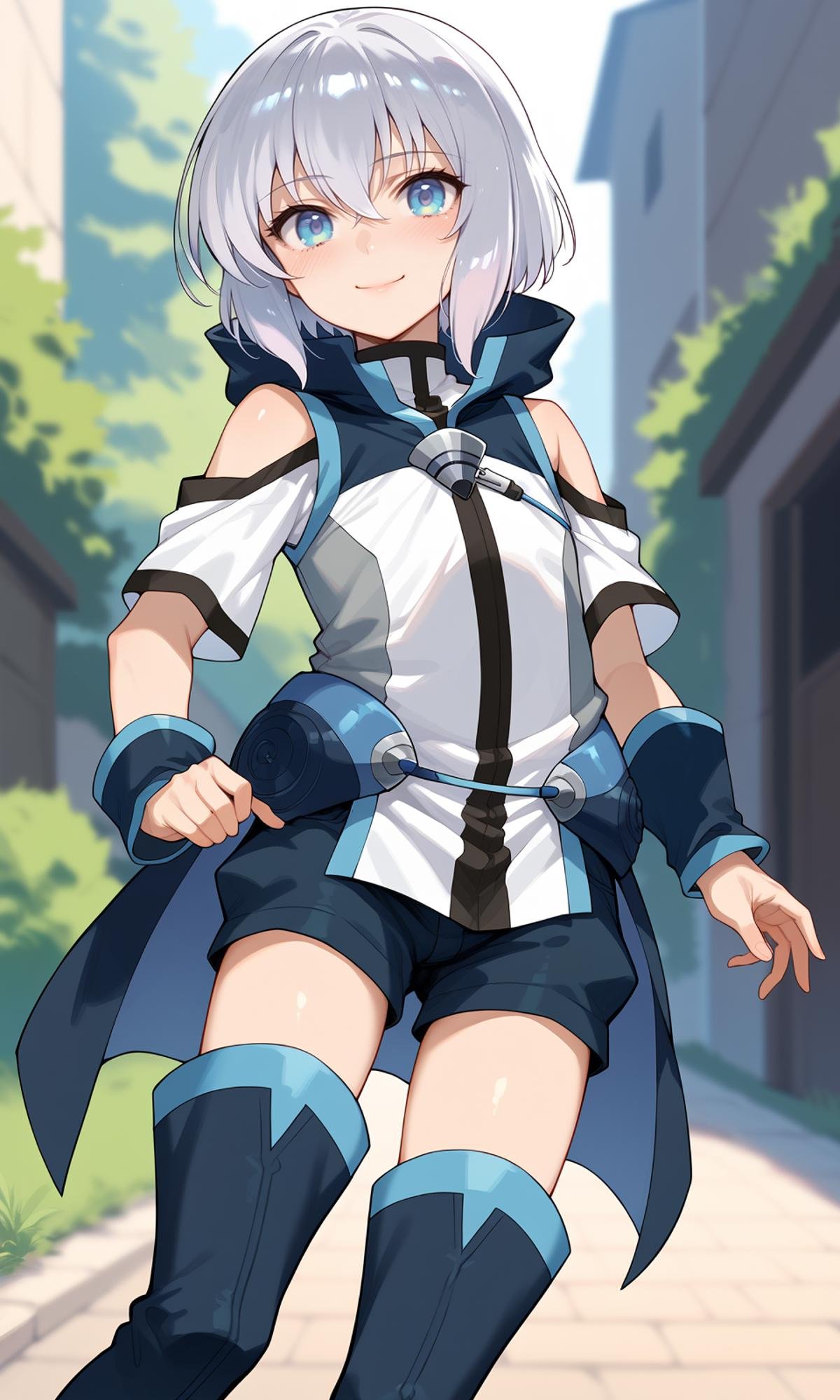 score_9, score_8_up, score_7_up, score_6_up, BREAKsolo, 1boy, otoko no ko, ernestiechevalier, blue eyes, blush, eyebrows visible through hair, hair between eyes, looking at viewer, smile, solo, shorts, thigh boots, looking at viewer, light smile, outdoors, <lora:ErnestiEchevalier_Pony:1>