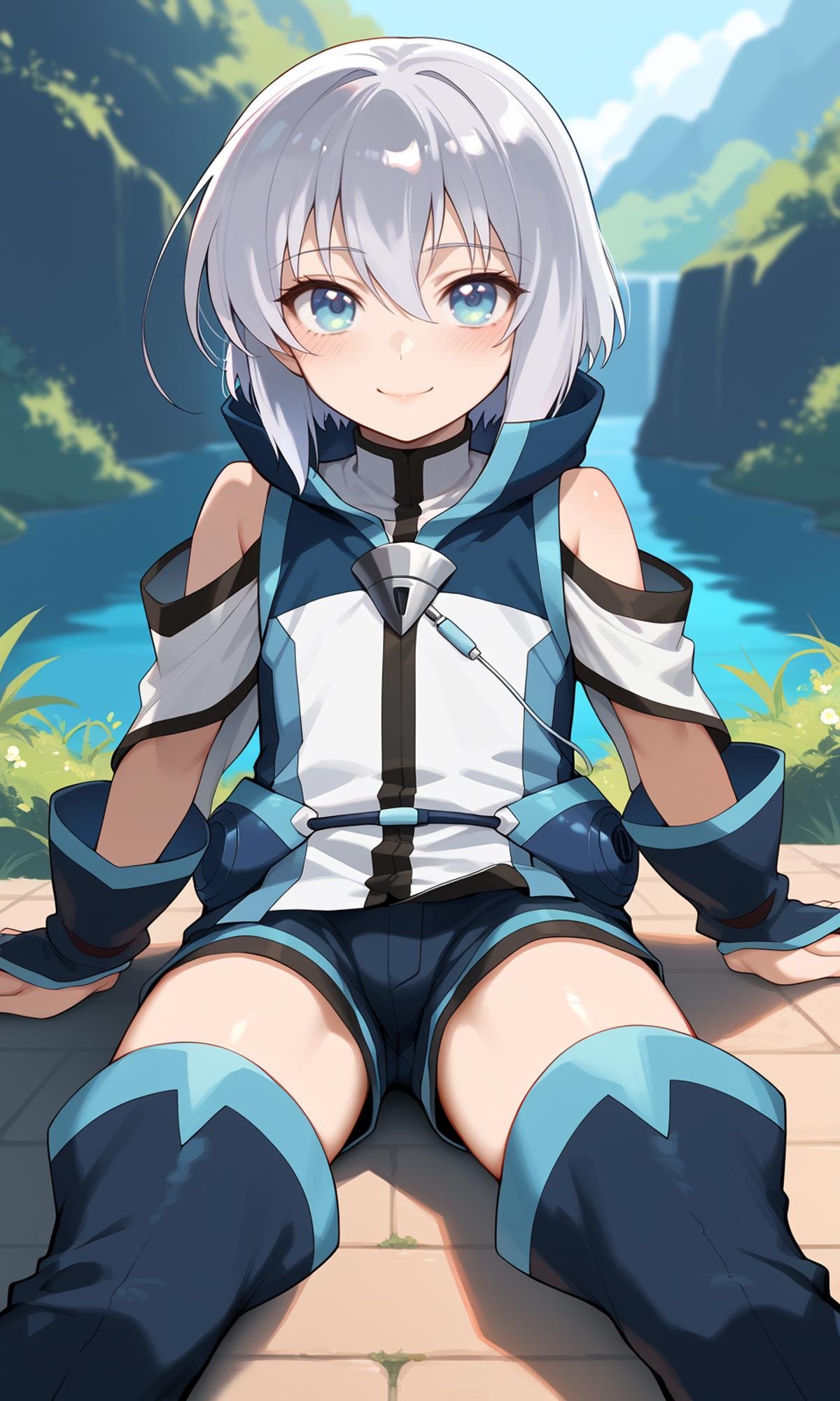 score_9, score_8_up, score_7_up, score_6_up, BREAKsolo, 1boy, otoko no ko, ernestiechevalier, blue eyes, blush, eyebrows visible through hair, hair between eyes, looking at viewer, smile, solo, shorts, thigh boots, looking at viewer, light smile, outdoors, <lora:ErnestiEchevalier_Pony:1>