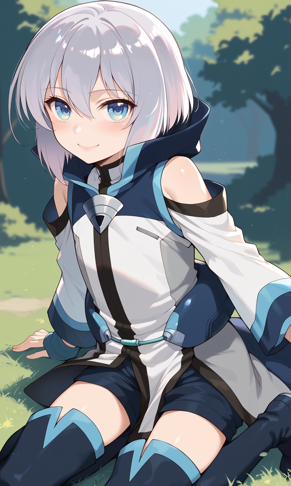 score_9, score_8_up, score_7_up, score_6_up, BREAKsolo, 1boy, otoko no ko, ernestiechevalier, blue eyes, blush, eyebrows visible through hair, hair between eyes, looking at viewer, smile, solo, shorts, thigh boots, looking at viewer, light smile, outdoors, <lora:ErnestiEchevalier_Pony:1>