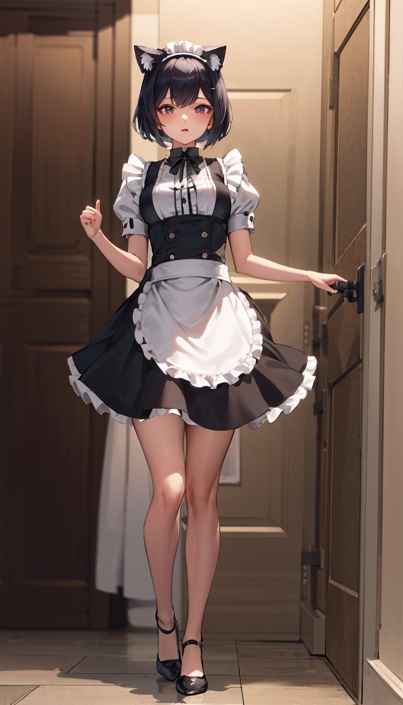 (best quality, masterpiece:1.2), ultra detailed,1girl,short skirt,luxury hotel,nekomimi_maid