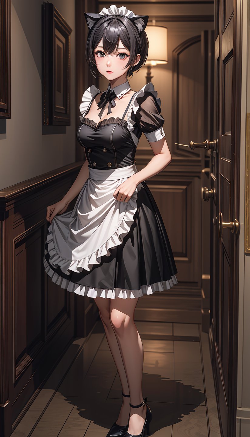 (best quality, masterpiece:1.2), ultra detailed,1girl,short skirt,luxury hotel,nekomimi_maid