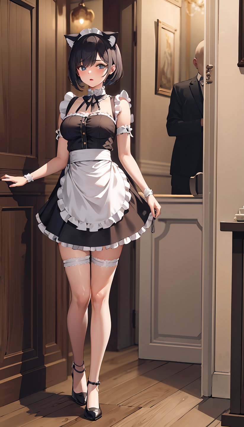 (best quality, masterpiece:1.2), ultra detailed,1girl,short skirt,luxury hotel,nekomimi_maid