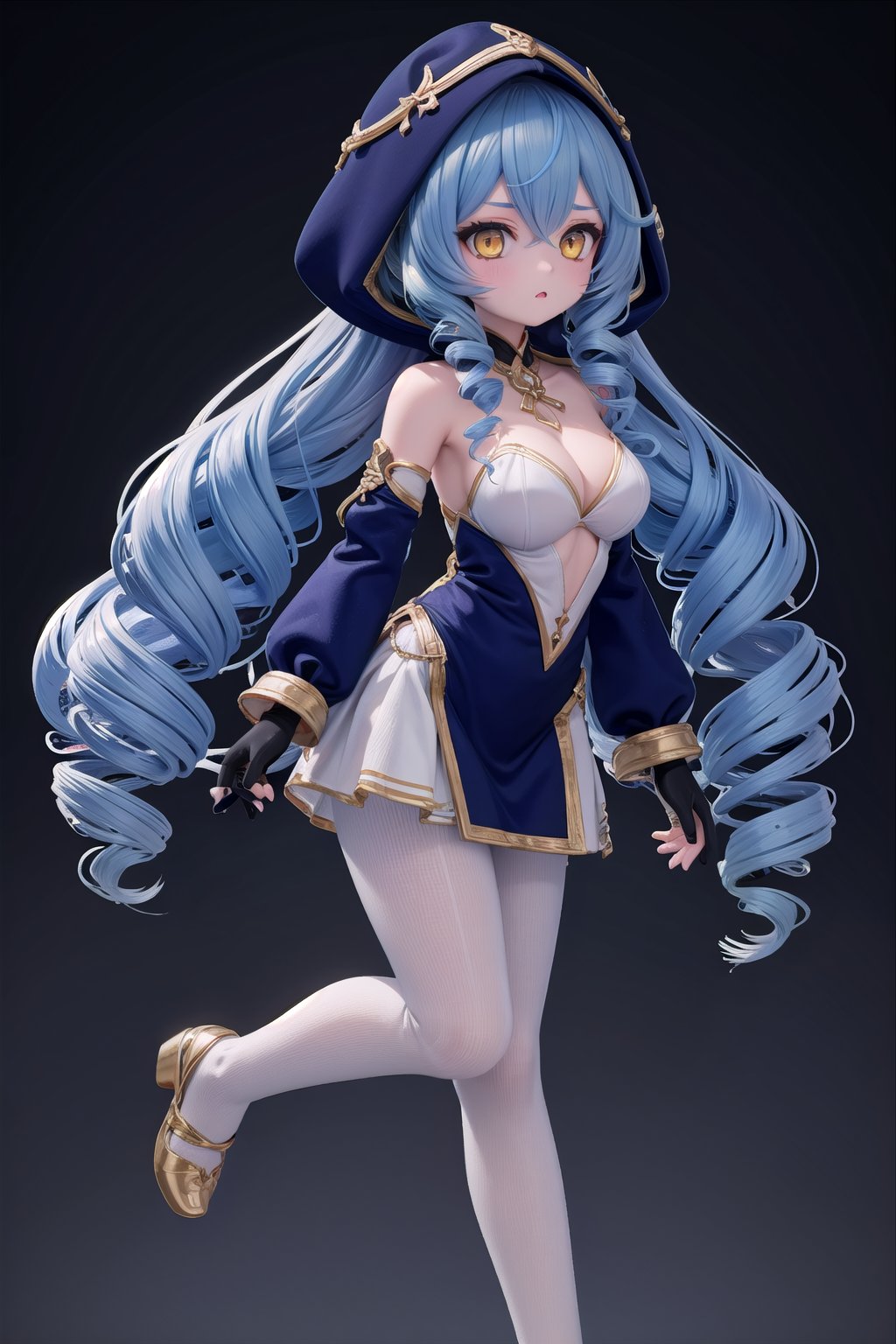 1girl, solo_female, white pantyhose, full_body, yellow eyes, detached sleeves, drill hair, dress, dark blue hair, multicolor_hair, blue hair, Layla Style, better hands, black gloves, claw ring, Layla_Impact, HDR, 32k UHD, insane detailed, blurry_background, very long hair, hood up,