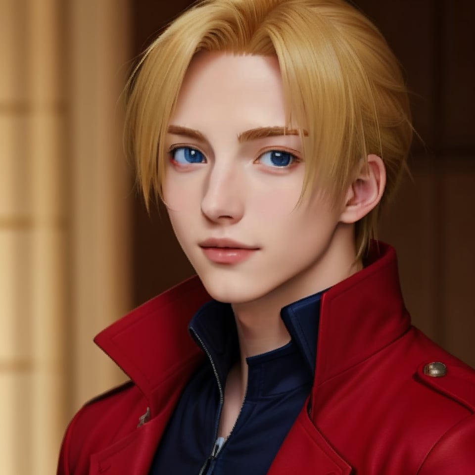 my_blonde, nice photo, solo, looking at viewer,realistic, masterpiece,  4K, edward_elric , red coat, black shirt, beautiful blue eyes, ikemen 