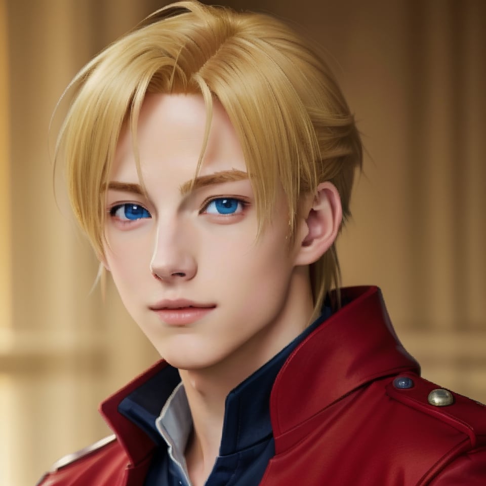 my_blonde, nice photo, solo, looking at viewer,realistic, masterpiece,  4K, edward_elric , red coat, black shirt, beautiful blue eyes, ikemen , portrait 