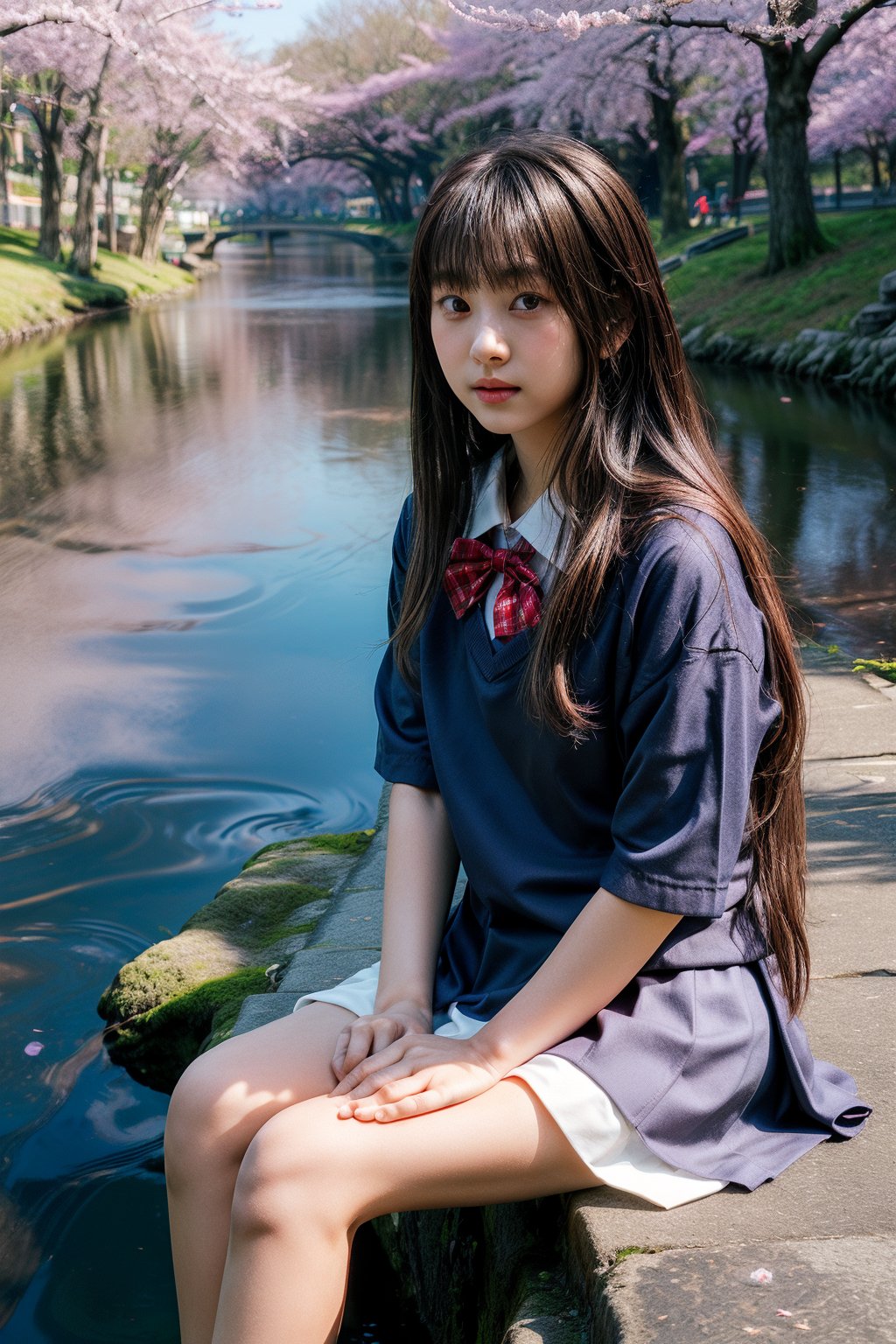masterpiece,best quality,realistic,(realskin:1.5),1girl,outdoor,low_key,longhair,parted bangs,cherry blossoms,(river:1.2),school uniform,sitting,softlight,fog,smoky,,AIDA_LoRA_valenss
