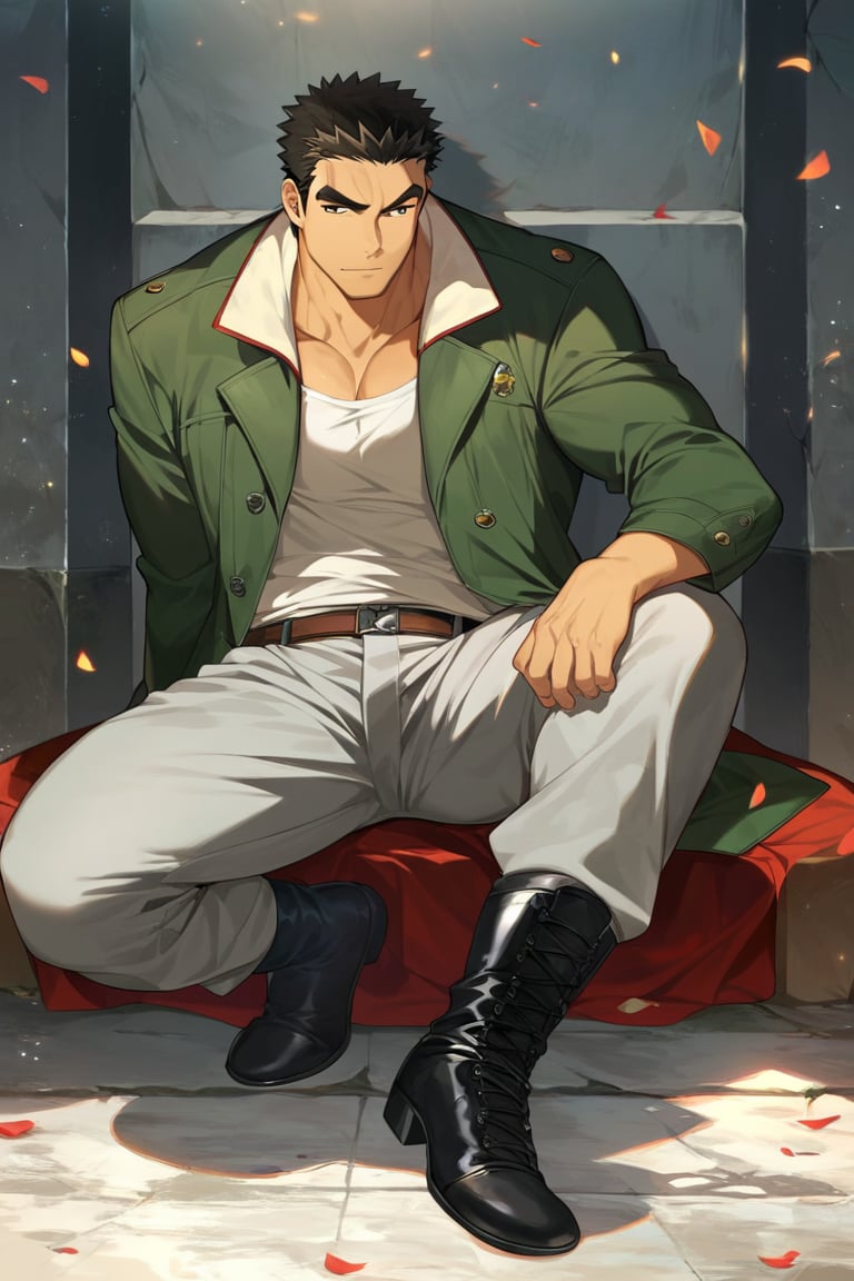 score_9, score_8_up, score_7_up, masterpiece, best quality, best aesthetic, perfect anatomy, perfect proportions, high_resolution, full body, bara, 1boy, solo male, focus male, akihiroaltland, short hair, black hair, black eyes, green jacket, grey pants, black boots