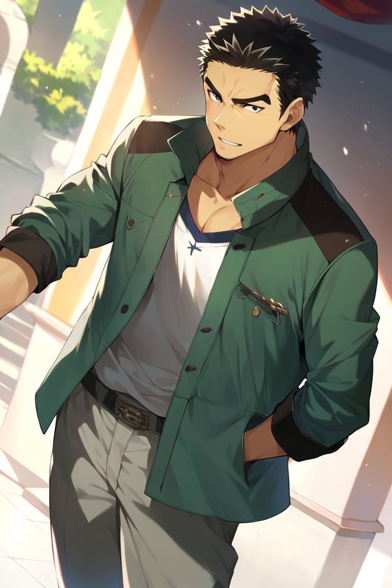 score_9, score_8_up, score_7_up, masterpiece, best quality, best aesthetic, perfect anatomy, perfect proportions, high_resolution, 1boy, solo male, focus male, akihiroaltland, short hair, black hair, black eyes, green jacket, grey pants,