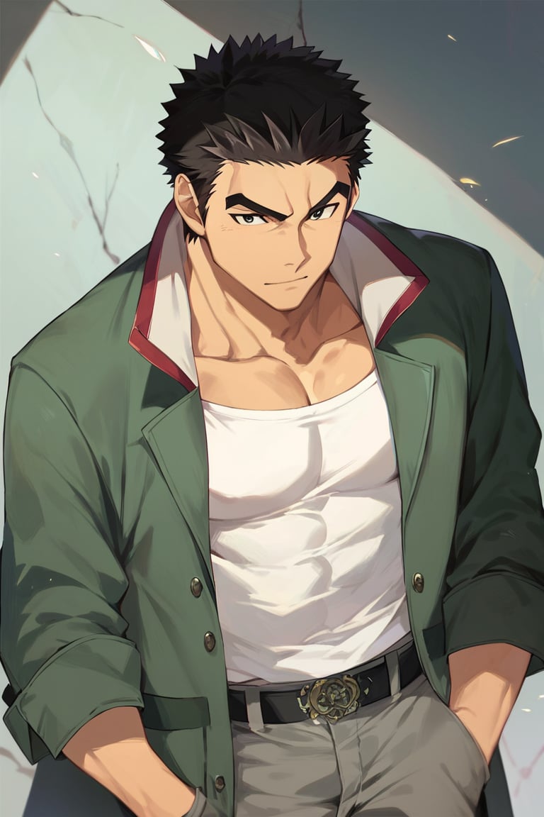 score_9, score_8_up, score_7_up, masterpiece, best quality, best aesthetic, perfect anatomy, perfect proportions, high_resolution, 1boy, solo male, focus male, akihiroaltland, short hair, black hair, black eyes, green jacket, grey pants,