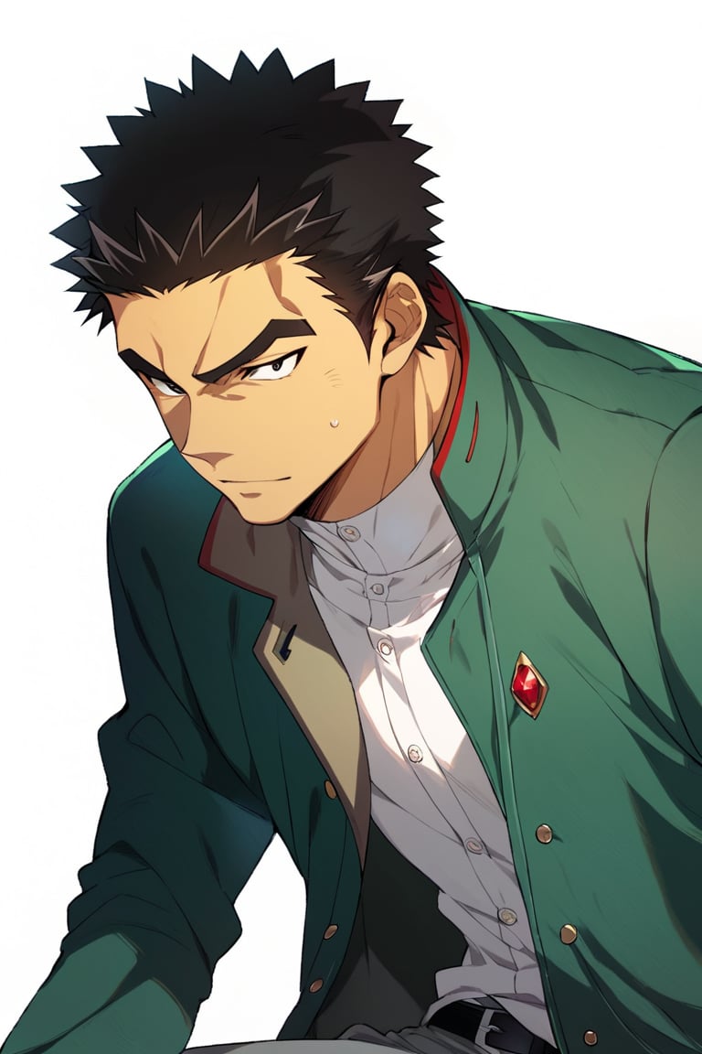 score_9, score_8_up, score_7_up, masterpiece, best quality, best aesthetic, perfect anatomy, perfect proportions, high_resolution, portrait, 1boy, solo male, focus male, akihiroaltland, short hair, black hair, black eyes, green jacket, grey pants,