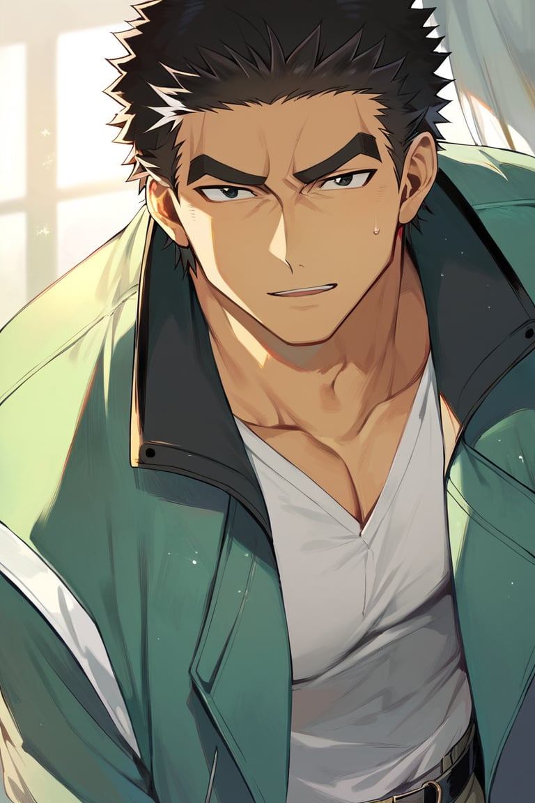 score_9, score_8_up, score_7_up, masterpiece, best quality, best aesthetic, perfect anatomy, perfect proportions, high_resolution, 1boy, solo male, focus male, akihiroaltland, short hair, black hair, black eyes, green jacket, grey pants,