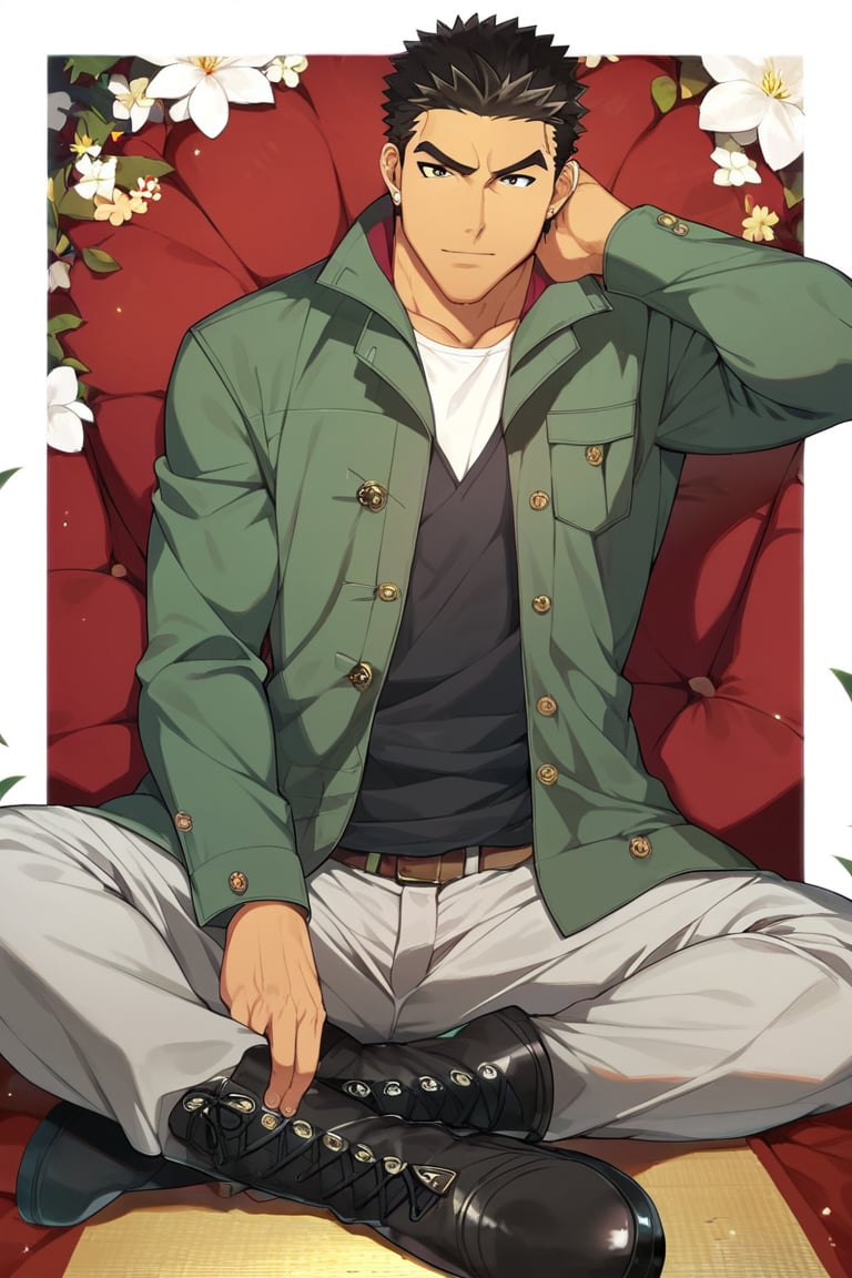 score_9, score_8_up, score_7_up, masterpiece, best quality, best aesthetic, perfect anatomy, perfect proportions, high_resolution, full body, bara, 1boy, solo male, focus male, akihiroaltland, short hair, black hair, black eyes, green jacket, grey pants, black boots