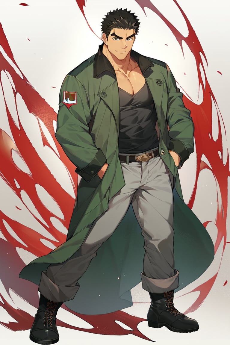 score_9, score_8_up, score_7_up, masterpiece, best quality, best aesthetic, perfect anatomy, perfect proportions, high_resolution, full body, bara, 1boy, solo male, focus male, akihiroaltland, short hair, black hair, black eyes, green jacket, grey pants, black boots