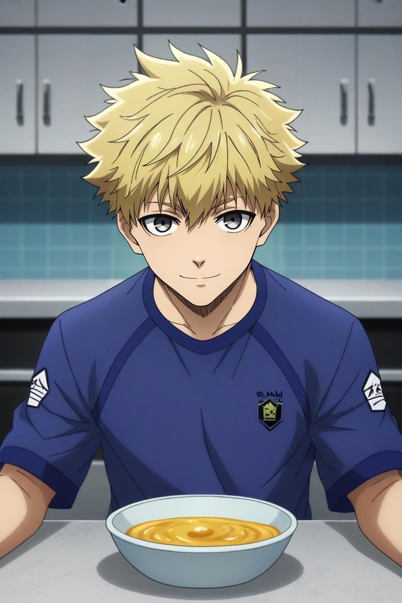 score_9, score_8_up, score_7_up, , anime screencap, rating_safe, , looking at viewer, depth of field, 1boy, male focus, grey eyes, honey blonde hair, spiky hair,, solo, close-up, kitchen, cooking, light, spread arms, naughty smile, <lora:blue_lock_style_pony:0.96>, blue_lock_style, blue lock uniform, blue shirt, <lora:sdxl_lightning_8step_lora:1>