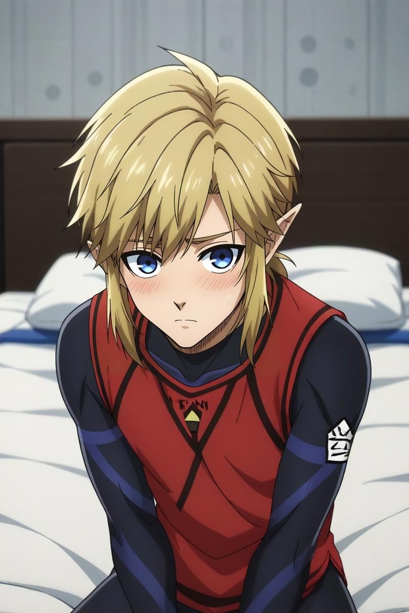 score_9, score_8_up, score_7_up, source_anime, anime screencap, rating_safe, intricate details, looking at viewer, depth of field, 1boy, link, the legend of zelda, blonde hair, blue eyes, solo, asymmetrical, bedroom, bed, nightstand, dawn, arms under breasts, shy, blush, <lora:blue_lock_style_pony:1.06>, blue_lock_style, , blue lock bodysuit, tank top, red tank top, <lora:sdxl_lightning_8step_lora:1>