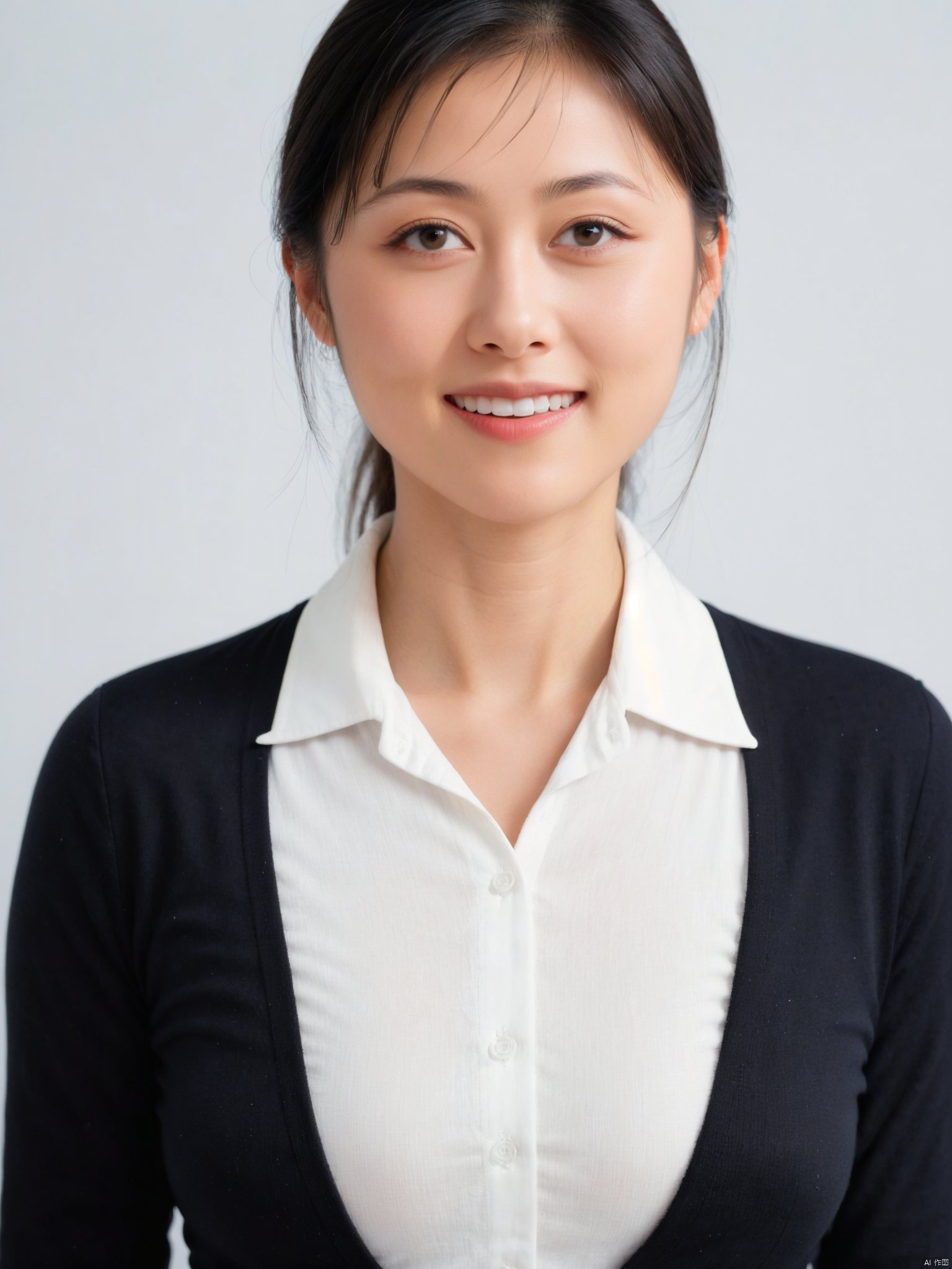 4girl, solo, looking at viewer, smile, short hair, simple background, shirt, black hair, white background, brown eyes, white shirt, upper body, teeth, collared shirt, grin, black eyes, lips, realistic, stewardess,multiplegirls