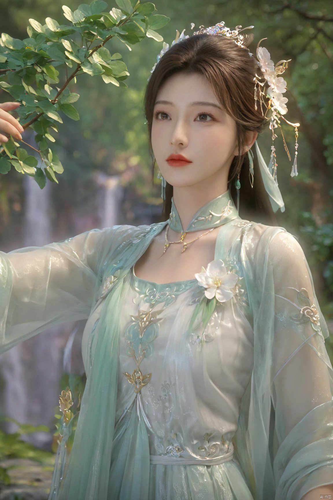 masterpiece,best quality,official art,extremely detailed CG unity 8k wallpaper,1girl, upper body, purple hair, light rays, light particles, waterfall, tree, clover,,(big breasts:1.59),  ,Xfengqinger,Xxiyouqin,Xliushen,X-Hydrangea,XyunxiPVC, song_hanfu, New Chinese_Hanfu