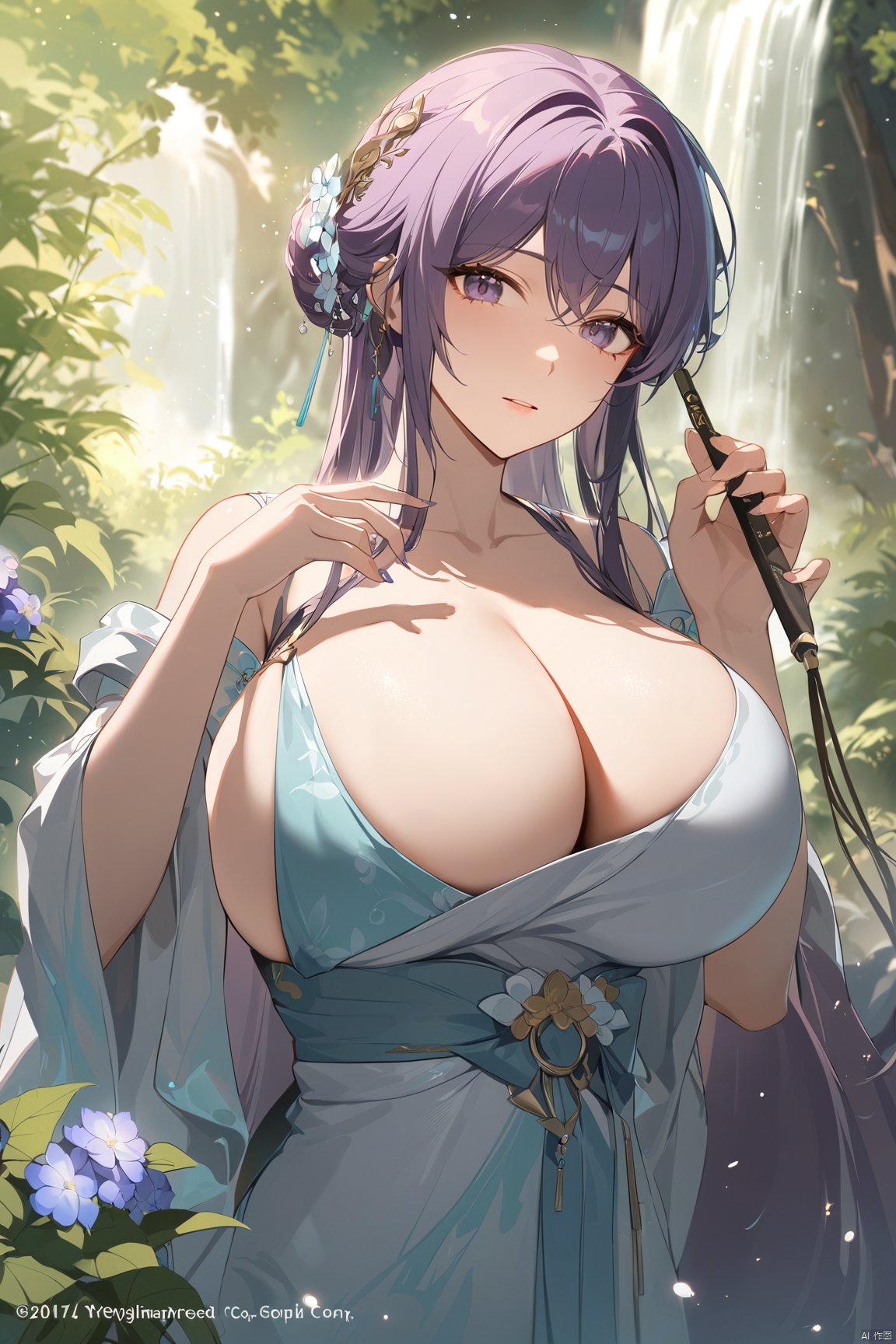 masterpiece,best quality,official art,extremely detailed CG unity 8k wallpaper,1girl, upper body, purple hair, light rays, light particles, waterfall, tree, clover,,(big breasts:1.59),  ,Xfengqinger,Xxiyouqin,Xliushen,X-Hydrangea,XyunxiPVC, song_hanfu, New Chinese_Hanfu, traditional chinese ink painting, hanfu,ultra-detailed