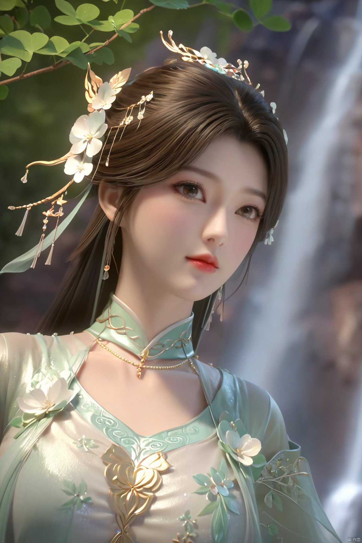 masterpiece,best quality,official art,extremely detailed CG unity 8k wallpaper,1girl, upper body, purple hair, light rays, light particles, waterfall, tree, clover,,(big breasts:1.59),  ,Xfengqinger,Xxiyouqin,Xliushen,X-Hydrangea,XyunxiPVC, song_hanfu, New Chinese_Hanfu