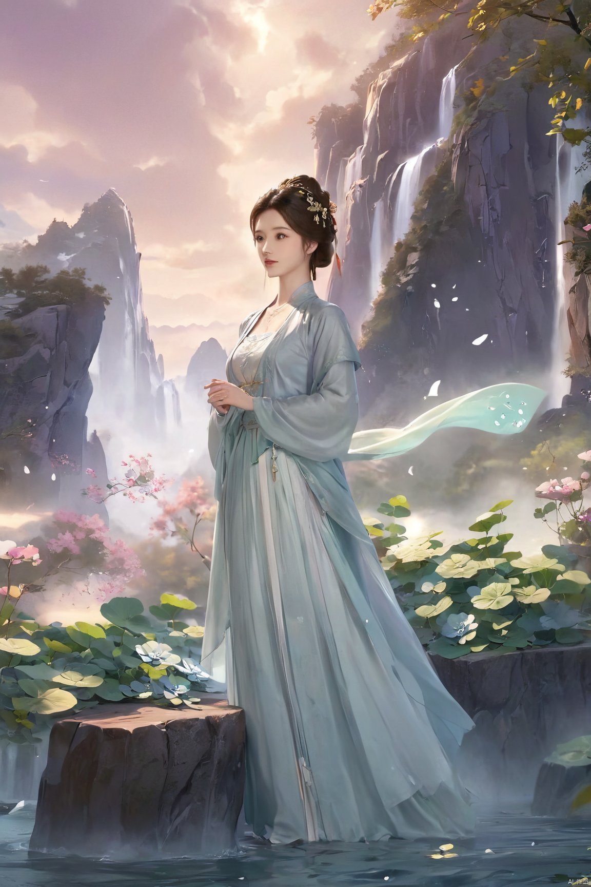 masterpiece,best quality,official art,extremely detailed CG unity 8k wallpaper,1girl, upper body, purple hair, light rays, light particles, waterfall, tree, clover,,(big breasts:1.59),  ,Xfengqinger,Xxiyouqin,Xliushen,X-Hydrangea,XyunxiPVC, song_hanfu, New Chinese_Hanfu