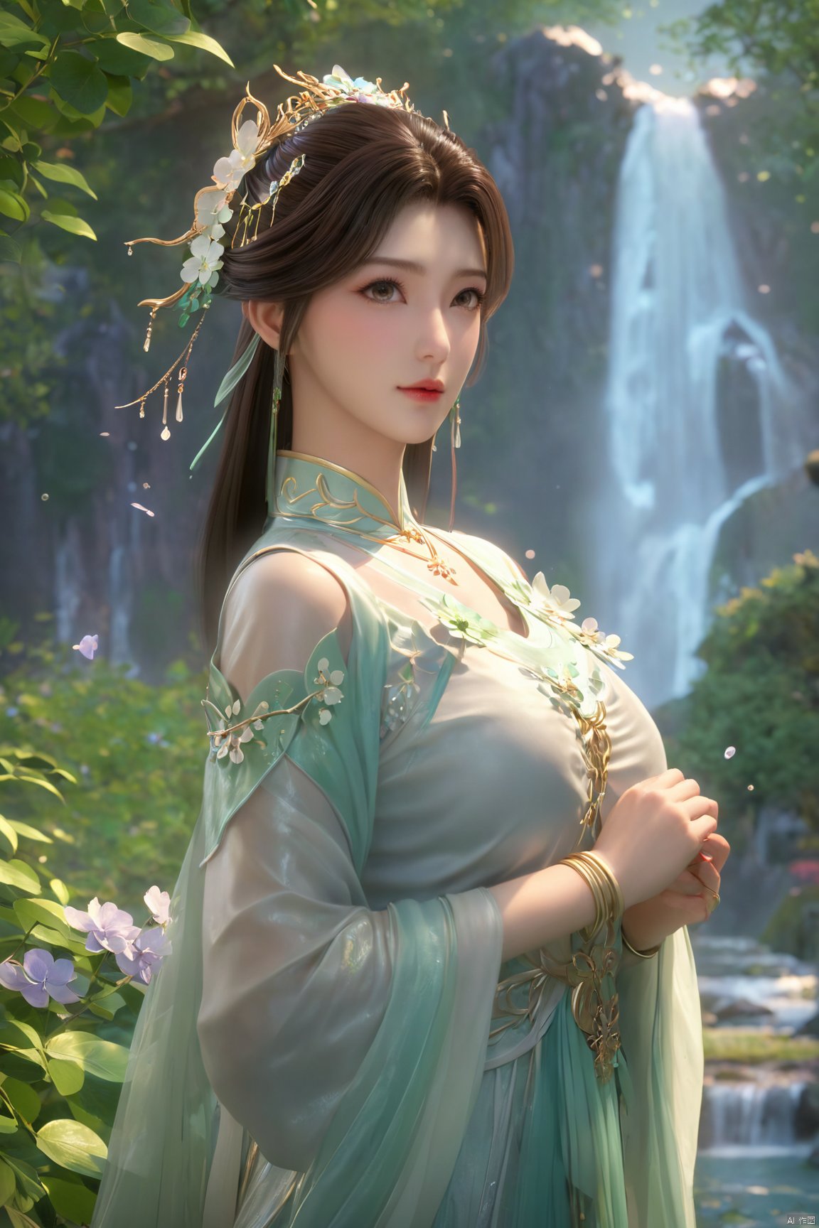 masterpiece,best quality,official art,extremely detailed CG unity 8k wallpaper,1girl, upper body, purple hair, light rays, light particles, waterfall, tree, clover,,(big breasts:1.59),  ,Xfengqinger,Xxiyouqin,Xliushen,X-Hydrangea,XyunxiPVC, song_hanfu, New Chinese_Hanfu