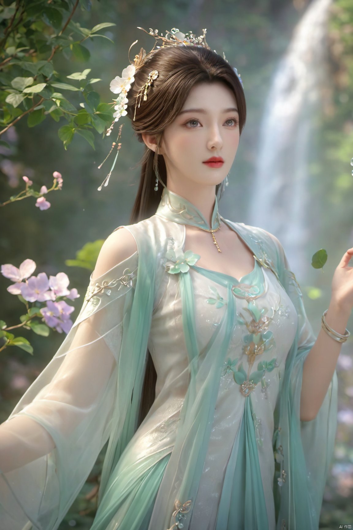 masterpiece,best quality,official art,extremely detailed CG unity 8k wallpaper,1girl, upper body, purple hair, light rays, light particles, waterfall, tree, clover,,(big breasts:1.59),  ,Xfengqinger,Xxiyouqin,Xliushen,X-Hydrangea,XyunxiPVC, song_hanfu, New Chinese_Hanfu